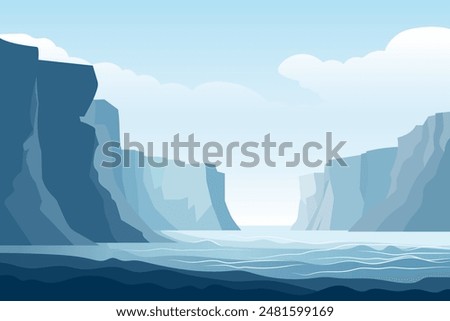 Sea and rocks, landscape vector illustration. Beautiful high sea cliffs loom over a beautiful ocean bay. Dangerous rocks and sea against the background of clouds.