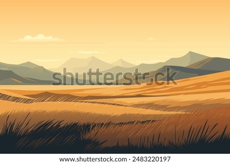 Beautiful steppe vector illustration. A prairie landscape with steppe grasses, meadows and fields against the backdrop of amazing mountains and hills. Landscape for design and print.
