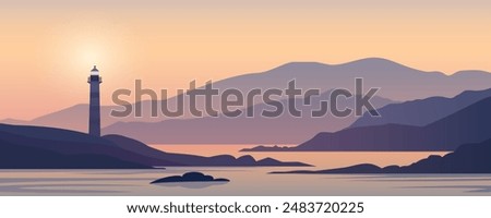 Rocky seashore with a lighthouse, panoramic vector landscape of the coast. A beautiful ocean bay with hills and mountains and a tall lighthouse against the backdrop of a warm summer sunset.