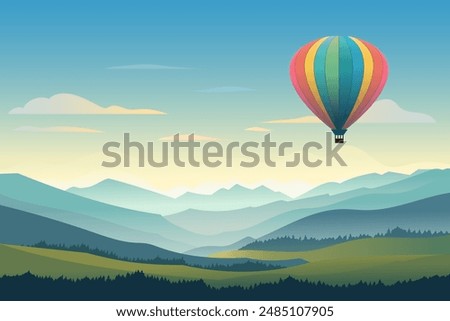 Balloon flies against the backdrop of a beautiful mountain landscape. Aerostat flies in the sky against the backdrop of high mountains and green fields. Hot air balloon vector illustration.