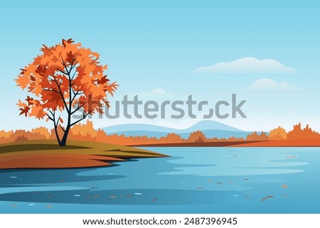 Autumn beautiful landscape. Autumn day with a forest on the shore of a lake, with leaves in the water. Vector illustration of early autumn off-season.