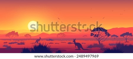 Beautiful Australian landscape. Vector illustration of Australian savannah wildlife, kangaroos, mountains, trees and amazing sunset.  Australian Safari Park.