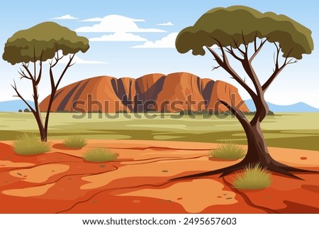 Desert landscape with red rock in Australia. Green shrubs and trees with a wide top. Blue sky with clouds. Red desert soil, grass and mountains. Vector illustration of an Australian landscape.
