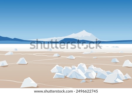 Salt desert. Vector illustration of a landscape of a salt desert, a dried up salt lake, with white rocks and cracked soil. Beautiful landscape of amazing nature.