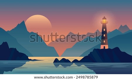 Beautiful lighthouse at sunset. Glowing lighthouse on the rocks illuminating an amazing seascape with rocky coast and mountains. Dangerous waters.