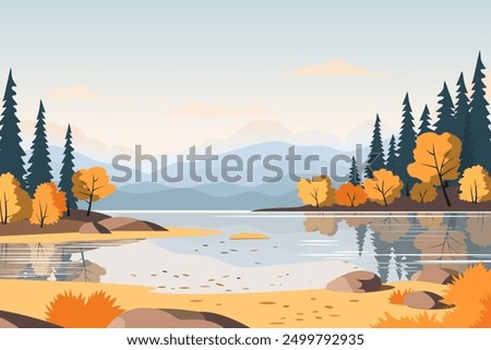 Landscape of a beautiful autumn park with a lake. Beautiful autumn trees, falling colorful leaves, clouds in an amazing sky and mountains on the horizon. Autumn season vector illustration.