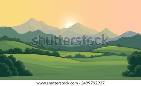 Beautiful vector illustration of a landscape, green meadows, fields, trees and mountains. Beautiful landscape of mountains, forests and meadows at sunset. Beautiful landscape for print and design.