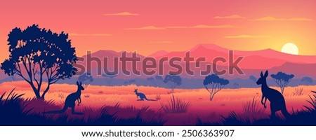 Beautiful Australian landscape with kangaroos at sunset. Vector illustration of amazing wild nature of Australian savannah, kangaroos, mountains, trees and amazing sunset. Australian Safari Park.
