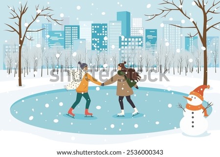 Couple skating in winter city park. Ice skating. Date in winter. Couple in love actively spends Christmas holidays in a beautiful park with the city in the background.