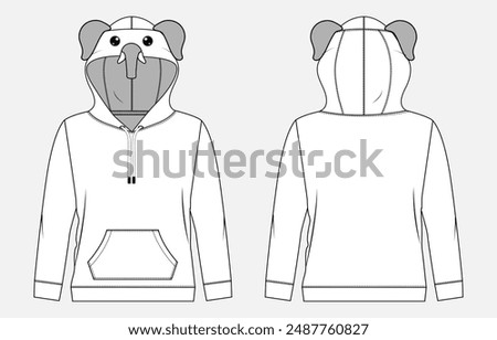 Long sleeve hoodie technical drawing fashion flat sketch vector illustration template for baby girls. Winter clothing hoodie mockup Cad