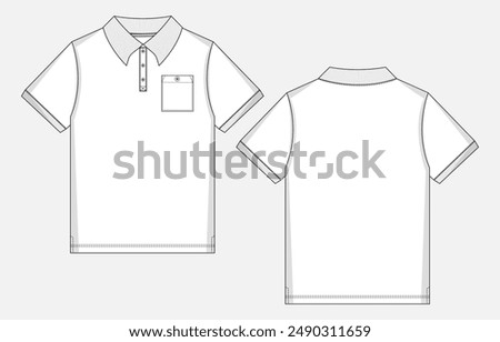 Short sleeve Polo shirt technical drawing fashion flat sketch vector illustration template front and back views. Men's and boys polo t shirt clothing mock up cad.