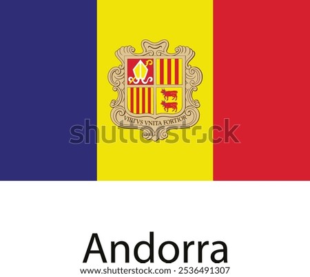 The national flag of Andorra, featuring three vertical bands of blue, yellow, and red, with the country's coat of arms in the center of the yellow band.