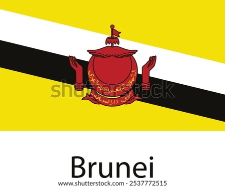 The national flag of Brunei Darussalam features a yellow field with a white diagonal band running from the upper hoist corner to the lower fly corner. A black band is below the white, and a red emblem