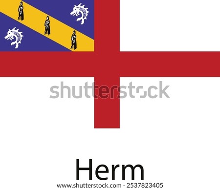 The flag of Herm, a small island in the Channel Islands. The flag consists of a red cross on a white field, with a blue and yellow canton displaying three figures of the hermits of the island.