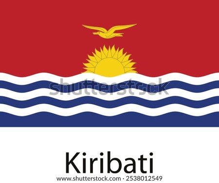 The flag of Kiribati features a red field with a yellow sun and a frigatebird flying above the sun on a white band of waves, representing the country's location in the Pacific Ocean.