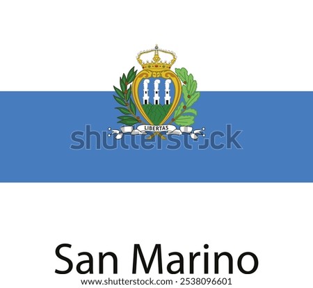 The national flag of San Marino, featuring a blue and white tricolor with a gold crest showcasing three towers on green hills. The crest is also adorned with a crown, leaves, and a ribbon.