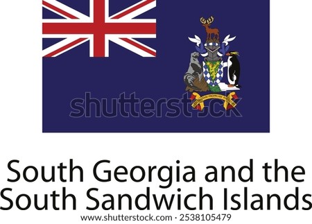 The flag of South Georgia and the South Sandwich Islands features a blue background with a Union Jack in the upper left corner.  The right side of the flag features the territory's coat of arms