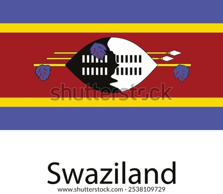 The national flag of Swaziland featuring a shield, spears, and traditional colors.