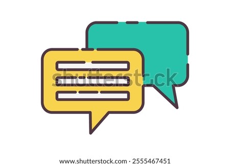 Message chat icon illustration. Flat line color icon of two speech bubbles, one yellow, one green, symbolize online communication, chat, messaging, and dialogue. Colored outline icon.