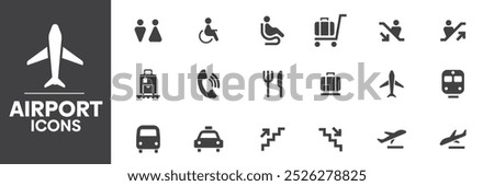 Airport Icons Set, Containing All Airport Icons Outlines, Vector Illustration Collection Editable eps10