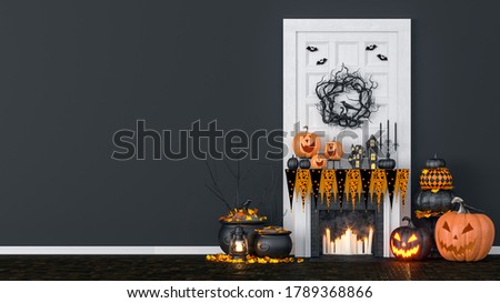 Living room interior decorated with lanterns and Halloween pumpkins, Jack-o-lantern, for Halloween party, 3D Rendering