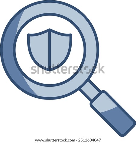 glass and shield outline icon, security inspection symbol, transparent background. replaceable blue color design