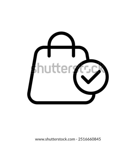 shopping bag icon with check mark, completed order symbol. line vector isolated on white background. trendy and modern design