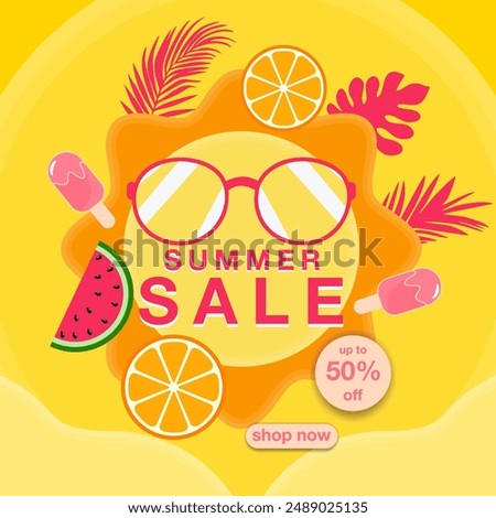 Summer Sale banner, hot season discount poster with tropical leaves,ice cream,watermelon, strawberries,and sunglasses. Invitation for shopping with 50 percent off. special offer card, template for des