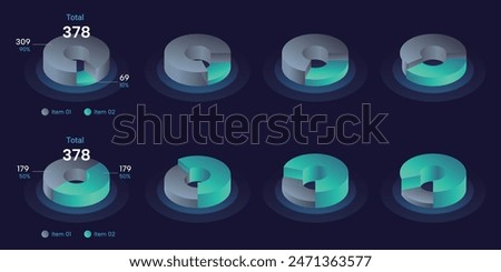 Collection of vector 3d circle pie chart infographic templates, 3d pie chart with 2 sections and different ratios