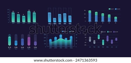 Colorful dark bar chart, 3d visual histogram