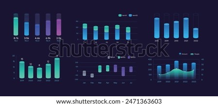 Colorful dark bar chart, 3d visual histogram cylinder