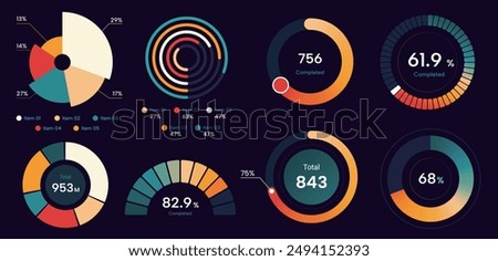 set of retro style green orange colorful gradient data visual pie chart new nostalgia futuristic diagram