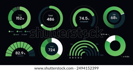 set of green pie chart on dark background