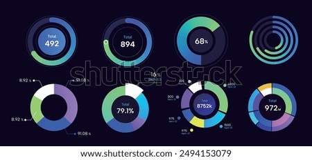 set of colorful cool pie chart on dark background. futuristic style trendy ring chart