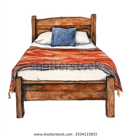 Wooden Bed watercolor clipart illustration