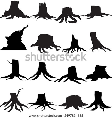 Black silhouette old tree stump with roots.tree stump silhouette vector Illustration. 
Set of roots silhouettes. Stump Icon. Stump Vector Art Illustration.root icon. Black silhouette