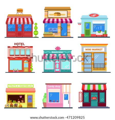 Set of flat design city public buildings. Restaurants and shops facade icons. Pizza, flowers, candy shop, bakery, fruits and vegetables, coffee house, hotel, spa salon,  burger restarant. Vector