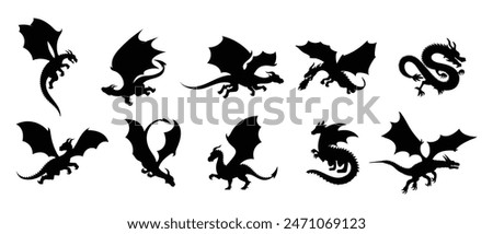 Dragon Silhouette. Dragon Crest Wings great set collection clip art Silhouette, dragon tattoo designs, Black vector illustration on white background .