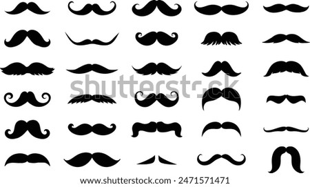 Men mustache. Black silhouette of curly facial hair, fun hipster logo, retro male whiskers, mustache shave and barber symbols collection. Vector isolated set