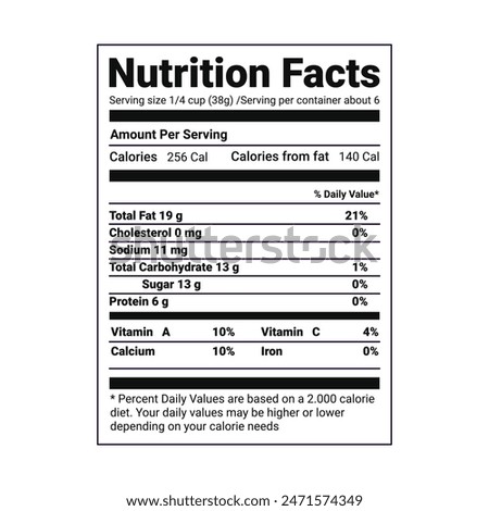 Nutrition Facts information label for box. Daily value ingredient calories, cholesterol and fats in grams and percent. Flat design, vector illustration on background.