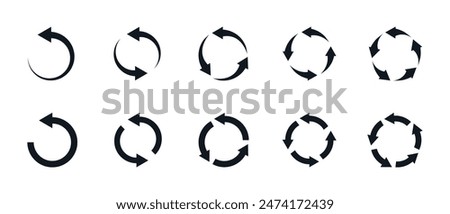 Circle arrow icon set. Symbol of reload, refresh, loading, recycle and repeat. Interconnecting round arrow vector icons set. Work in progress sign. One, two, three, four, five, six arrow in the loop.