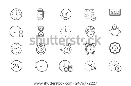 Time and clock vector linear icons set. Timer, alarm, calendar, time, stopwatch, hourglass, and more. Collection of time icons. Vector illustration