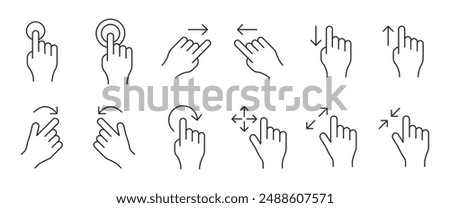 Phone hand gestures. Hand gesture for touchscreen devices, slide touch phone. Zoom move swipe press finger actions, vector symbols set