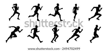 Run. Running men and women, vector set of isolated silhouettes