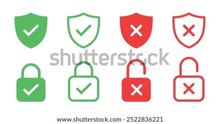 Security Shield and lock Vector Line Icon Set. Security shield and lock outline symbols with check and cross mark. Editable Stroke. Pixel Perfect