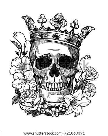 Beautiful romantic skull with crown and elegant wreath of flowers. Ink on aged card vintage background. Tattoo vintage design element. Vector illustration.