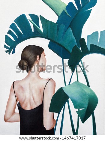 acrylic painting of woman with green plants