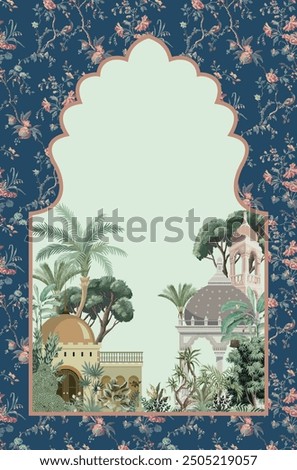 Traditional Mughal Frame, wallpaper, Mughal Wall Design, Dome, Flower, Peacock.