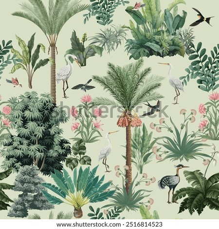 Seamless Garden Wall Mural, Wallpaper Design, HD Wallpaper, Tropical Tree with Birds wallpaper.