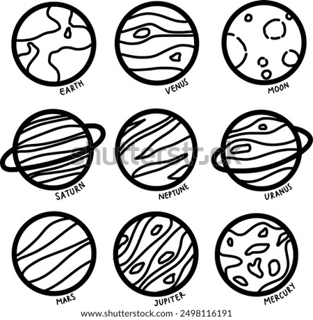 planet line drawing. various planets, earth, venus, moon, saturn, neptune, uranus, mars, jupiter, mercury. outline vector symbol collection. 